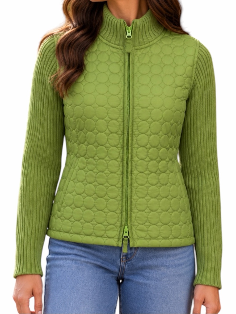Peter Martin Petite Green Quilted Sweater Jacket Zip Up Mock Neck Ribbed Y2K PS